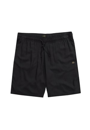 Black swim shorts made of lightweight fabric. Features an elastic waistband with a drawstring and a small logo patch on the front.