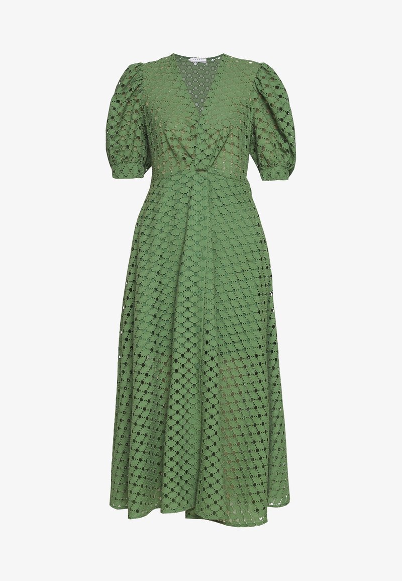 Vestido midi verde con mangas abullonadas, escote en V, cierre frontal de botones y detalles de encaje tipo ojal.