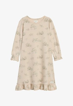 Langärmeliges Kleid aus weichem, hellrosa Stoff mit Blumen- und Tiermuster. Gerüschter Saum und Ärmelbündchen sorgen für Details.