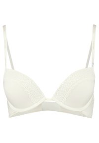 White lace-trimmed bra features a padded, plunging design. Made of smooth fabric with adjustable straps and hook-and-eye closure at the back.