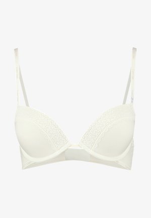 Soutien-gorge blanc avec dentelle, doté d'un design rembourré et plongeant. Fabriqué en tissu lisse avec des bretelles réglables et une fermeture à crochet et œillet au dos.