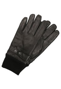 Sorte læderhandsker med en ribbet, sort strikket manchet. Har to metaltryklåse og et strømlinet design med fem fingeråbninger.
