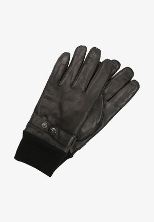 Black leather gloves with a ribbed black knit cuff. Features two metal snaps and a sleek design with five finger openings.