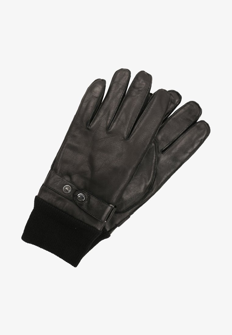 Sorte læderhandsker med en ribbet, sort strikket manchet. Har to metaltryklåse og et strømlinet design med fem fingeråbninger.