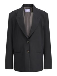 Svart blazer med slagkrage, enkel knappstängning och två framfickor. Tillverkad av ett mjukt tyg med skräddarsydd design.