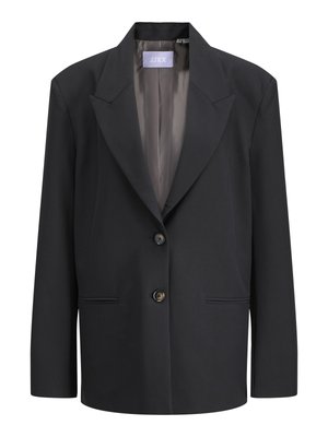 Black blazer with a notched lapel, single button closure, and two front pockets. Made of smooth fabric with a tailored design.