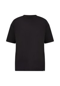 Sort t-shirt med korte ærmer lavet af glat stof, med rund halsudskæring og en afslappet pasform. Ingen markante mønstre eller accenter.