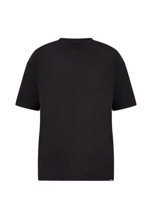 Sort t-shirt med korte ærmer lavet af glat stof, med rund halsudskæring og en afslappet pasform. Ingen markante mønstre eller accenter.