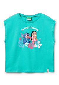 Turquoise short-sleeve T-shirt featuring a colorful graphic of two cartoon characters with ice cream and floral accents.