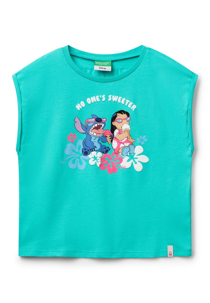 Turquoise short-sleeve T-shirt featuring a colorful graphic of two cartoon characters with ice cream and floral accents.