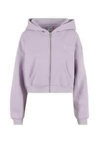 Beskåret zip-hoodie i lys lavendel. Fremstillet af blødt stof, har en hætte, frontlommer og ribbede manchetter. Inkluderer detalje med logo.