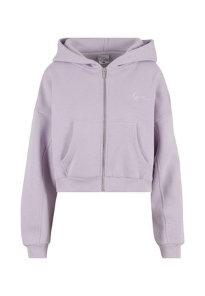 Gecroppte Zip-Hoodie in hellem Lavendel. Hergestellt aus weichem Stoff, mit Kapuze, Fronttaschen und gerippten Bündchen. Mit einem Logodetail.