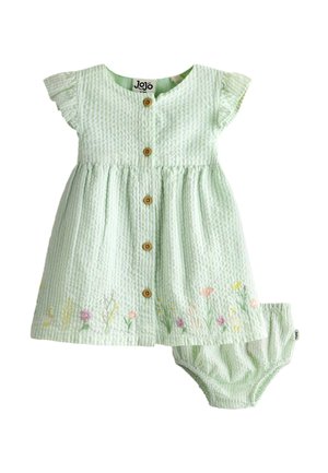 Vestito per neonata verde chiaro con texture, bottoni di legno, maniche a sbuffo, ricamo floreale all'orlo e mutandine abbinate.