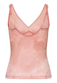 Camisola in pizzo floreale rosa con scollatura a V e spalline regolabili. Caratterizzata da un motivo floreale testurizzato e una finitura liscia. Le spalline hanno dettagli in metallo dorato.