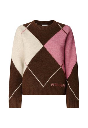 Gebreide trui met een diamanten patroon in bruin, roze en crème met witte accenten; geribde boorden en rand; logo geborduurd op de voorkant.
