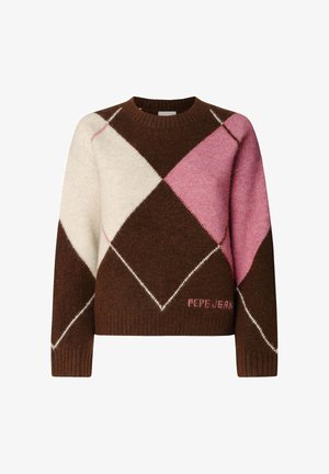 Pletený sveter s diamantom vzorom v hnedej, ružovej a smotanovej farbe s bielymi akcentmi; rebrované manžety a lem; vyšitá značka na prednej strane.