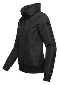 Dámská černá bunda s vysokým límcem, předním zipem, zapínacími postranními kapsami, žebrovanými manžetami a spodním lemem, s jemnými logy značky na hrudi a rukávu.