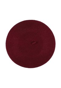 Bordeaux vilten baret met een gladde textuur, ronde vorm en een klein knoopdetail in het midden.
