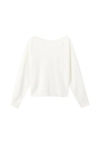 Bela dolga majica z dolgimi rokavi z širokim okroglim izrezom, rebrastim robom in manšetami na rokavih; mehka tekstura, rahlo ohlapen kroj, brez vzorcev ali poudarkov.