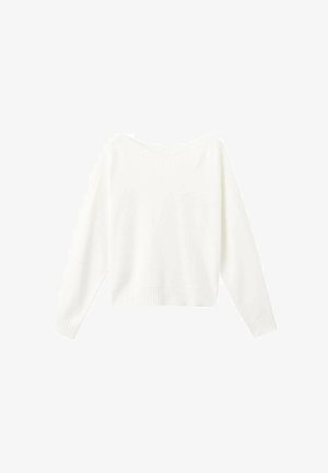Maglione bianco a maniche lunghe con scollo ampio rotondo, orlo e polsini a coste; tessuto morbido, vestibilità leggermente ampia, senza motivi o dettagli.