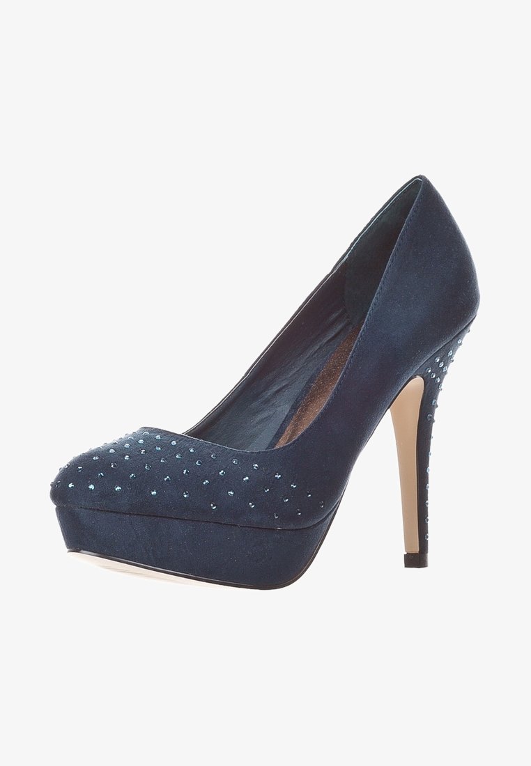 Escarpin à talons hauts en daim bleu marine avec semelle à plateforme et petits strass sur la pointe et le talon.