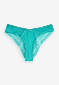 Turquoise lingerie met transparante kanten zijkanten, met een soepele voorkant en een klein gouden accent in het midden. Zacht materiaal, ontwerp met volledige bedekking.