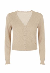 Cardigan lavorato a maglia beige con maniche lunghe, bordi scallop, chiusura con bottoni sul davanti e un sottile motivo a diamante su tutto il tessuto.