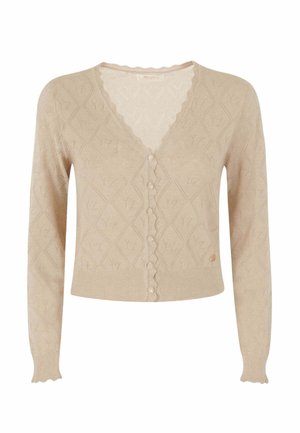 Cardigan lavorato a maglia beige con maniche lunghe, bordi scallop, chiusura con bottoni sul davanti e un sottile motivo a diamante su tutto il tessuto.