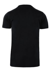 Black cotton t-shirt with short sleeves, a crew neckline, and a smooth texture. No visible logos or patterns on the back.