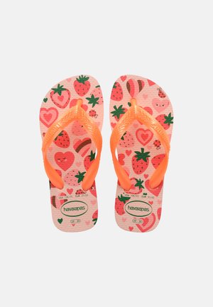 Παιδικά σαγιονάρες με πορτοκαλί λουριά και ροζ σόλες διακοσμημένες με φράουλες, καρδιές και πασχαλίτσες, μέγεθος USA 13C/ΕΥΡ 31/32.