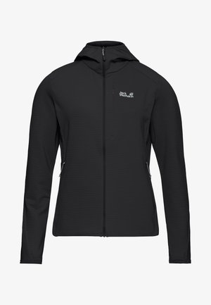 Black hooded jacket with zip front, textured fabric, and two side pockets. Features a logo on the upper left side.
