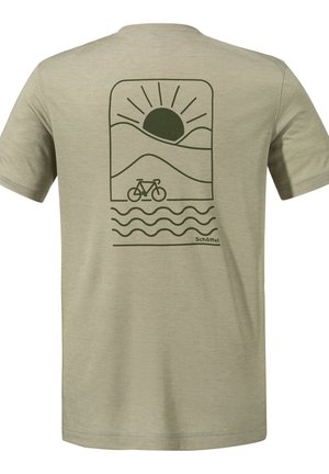 Light green cotton t-shirt featuring a graphic design of mountains, sun, and a bicycle in dark green on the back.