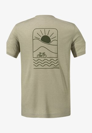 Hellgrünes Baumwoll-T-Shirt mit einem grafischen Design von Bergen, Sonne und einem Fahrrad in dunkelgrün auf der Rückseite.
