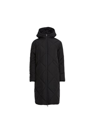 Zwarte gewatteerde lange jas met een capuchon, uitgerust met een ritssluiting aan de voorkant en diagonale stikpatronen. Zacht, gevoerd materiaal voor warmte.