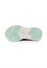 Semelle de chaussure en caoutchouc avec un motif de traction vert menthe, présentant des rainures incurvées et un segment de base blanc. Texturé pour une meilleure adhérence.