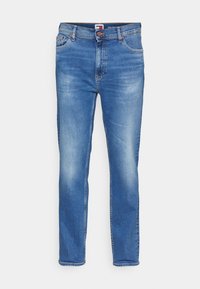 Modré džíny z denimu se střihovým designem rovného nohavice, s vybledlými místy, pěti kapsami a zapínáním na knoflík. Jednoduché prošívání a logo na pásku.