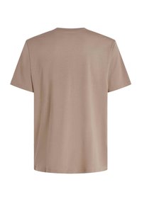 Short-sleeve t-shirt in light tan cotton with a crew neck. Smooth texture, simple design, and no visible patterns or accents.