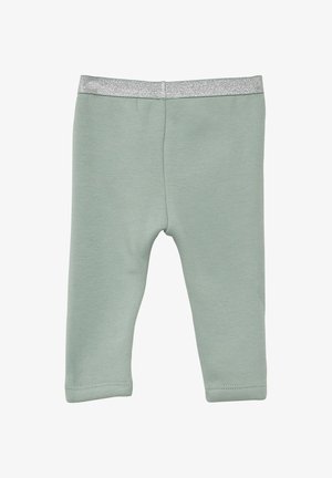 Lichtgroene legging gemaakt van een zachte katoenmix, met een zilveren glitter elastische tailleband. Vloeiende textuur en aansluitende pasvorm.