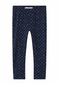 Marineblauwe leggings van katoen met een elastische tailleband, voorzien van een verspreid hartpatroon in roze, witte en blauwe accenten.