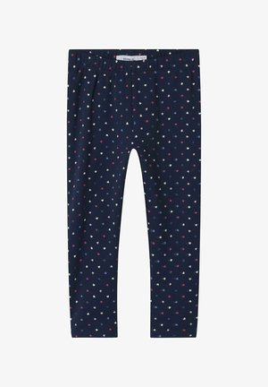 Marinefarbene Leggings aus Baumwolle mit einem elastischen Bund, versehen mit einem verstreuten Herzmuster in Rosa, Weiß und blauen Akzenten.