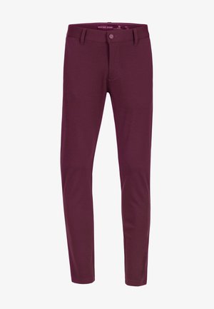 Maroon slim-fit trousers made of cotton blend fabric, featuring a button closure, belt loops, and a smooth texture.
