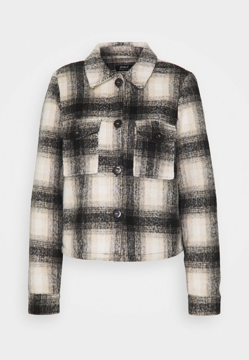 Veste en mélange de laine à carreaux en noir, blanc et gris, avec un col, des poches avant et des fermetures à boutons.