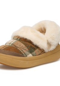 Pantofole in peluche con tomaia in lana a quadri marrone e verde, fodera in finta pelliccia crema e suola in gomma testurizzata color tan.