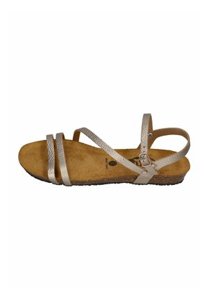 Flat sandal with cork sole and three thin metallic straps, including an adjustable ankle strap with buckle.