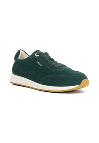 Green suede sneaker with a rounded toe, gold hardware accents, flat lace closure, and a cream rubber sole with a textured pattern.