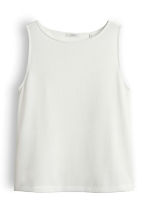 Ärmelloses weißes, strukturiertes Oberteil mit rundem Ausschnitt, Größe 36, flach auf weißem Hintergrund präsentiert.