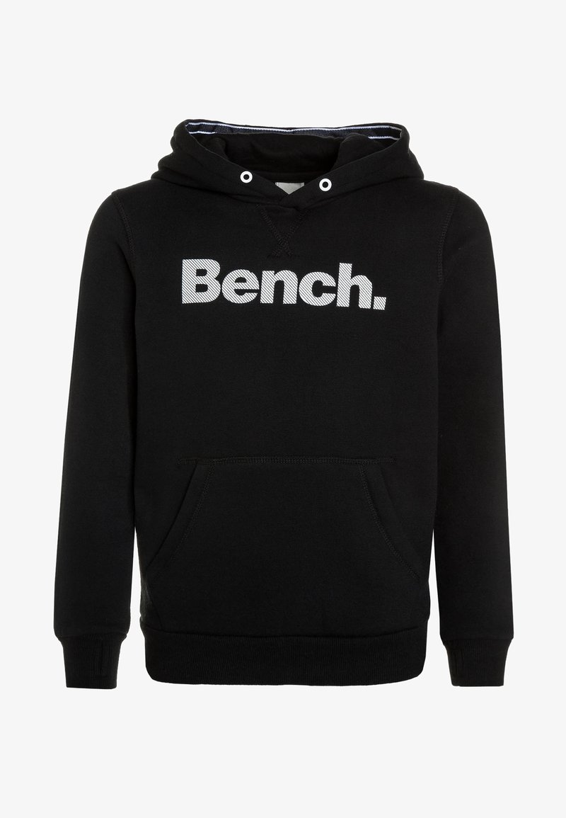 Sweat à capuche noir avec poche avant et logo "Bench." blanc sur la poitrine.