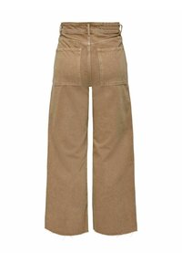 Pantalons larges beiges en tissu doux, avec deux poches arrière et des détails d'ourlet effilochés. Conçus avec une coupe décontractée et une taille haute.