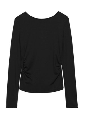 Schwarzes langärmliges Oberteil mit Rundhalsausschnitt, das seitliche Raffungselemente und einen glatten, dehnbaren Stoff aufweist. Minimalistisches Design.