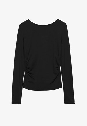 Črna dolgorasna majica s krožnim izrezom, ki ima naborke ob straneh in gladko, raztegljivo tkanino. Minimalističen dizajn.